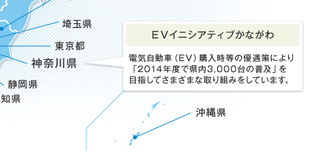 ＥＶイニシアティブかながわ　電気自動車（EV）購入時等の優遇策により「2014年度で県内3,000台の普及」を目指してさまざまな取り組みをしています。